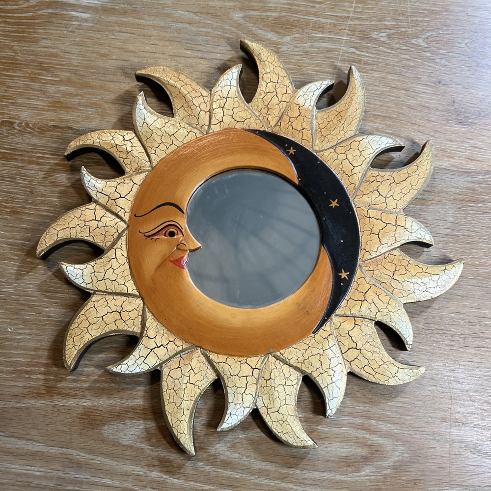 Vtg Celestial Sun Moon Stars Wall Mirror Boho Decor Hand Painted India
